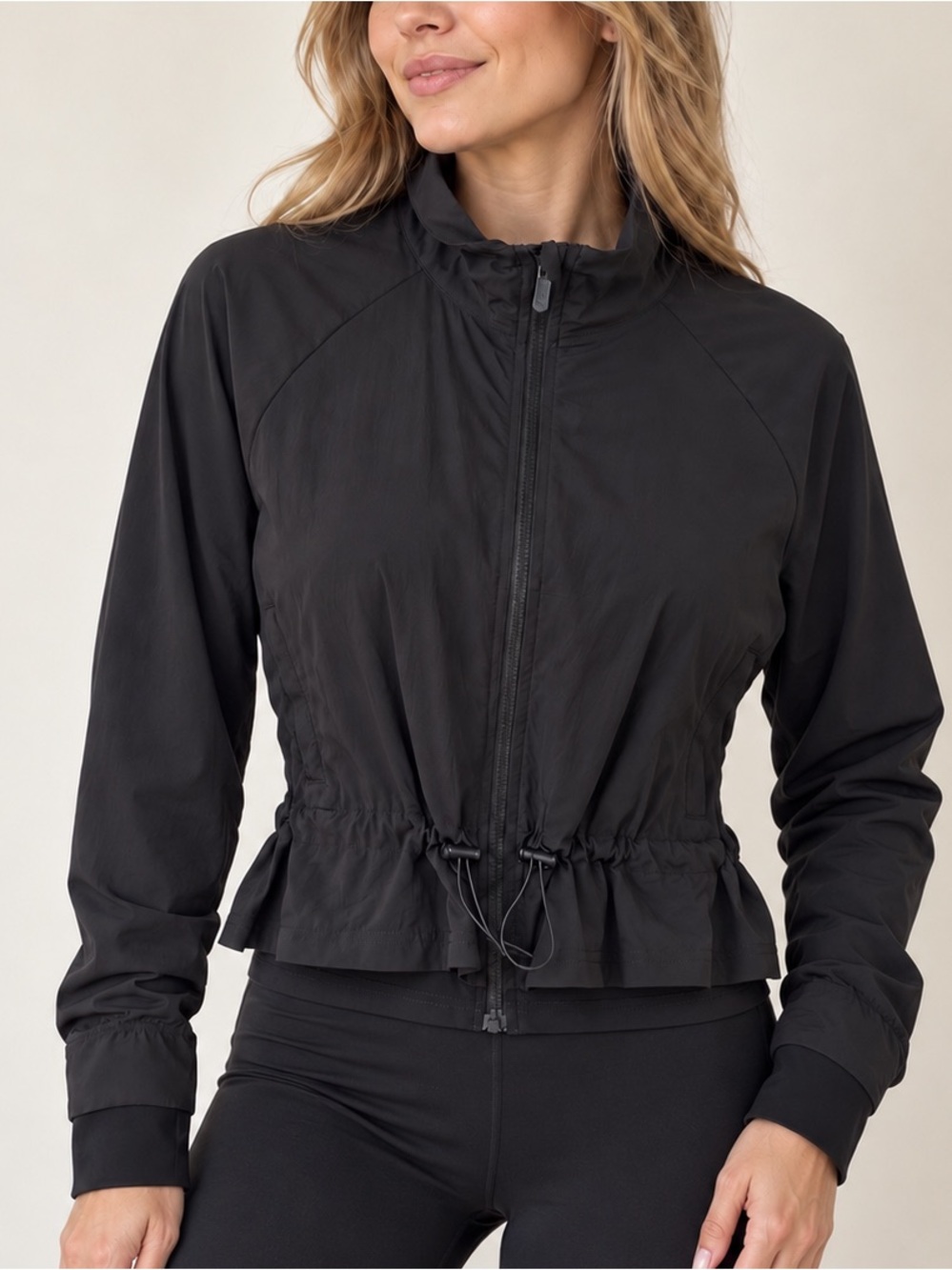 FLX Women’s Black Lightweight Zip Active Jacket L Stretch Wicking Cinch Waist